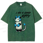 Unisex I Am A Good Kitty Opossum Printed Washed Tee