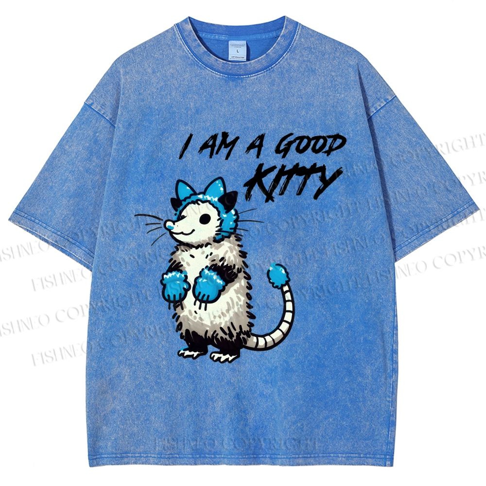 Unisex I Am A Good Kitty Opossum Printed Washed Tee