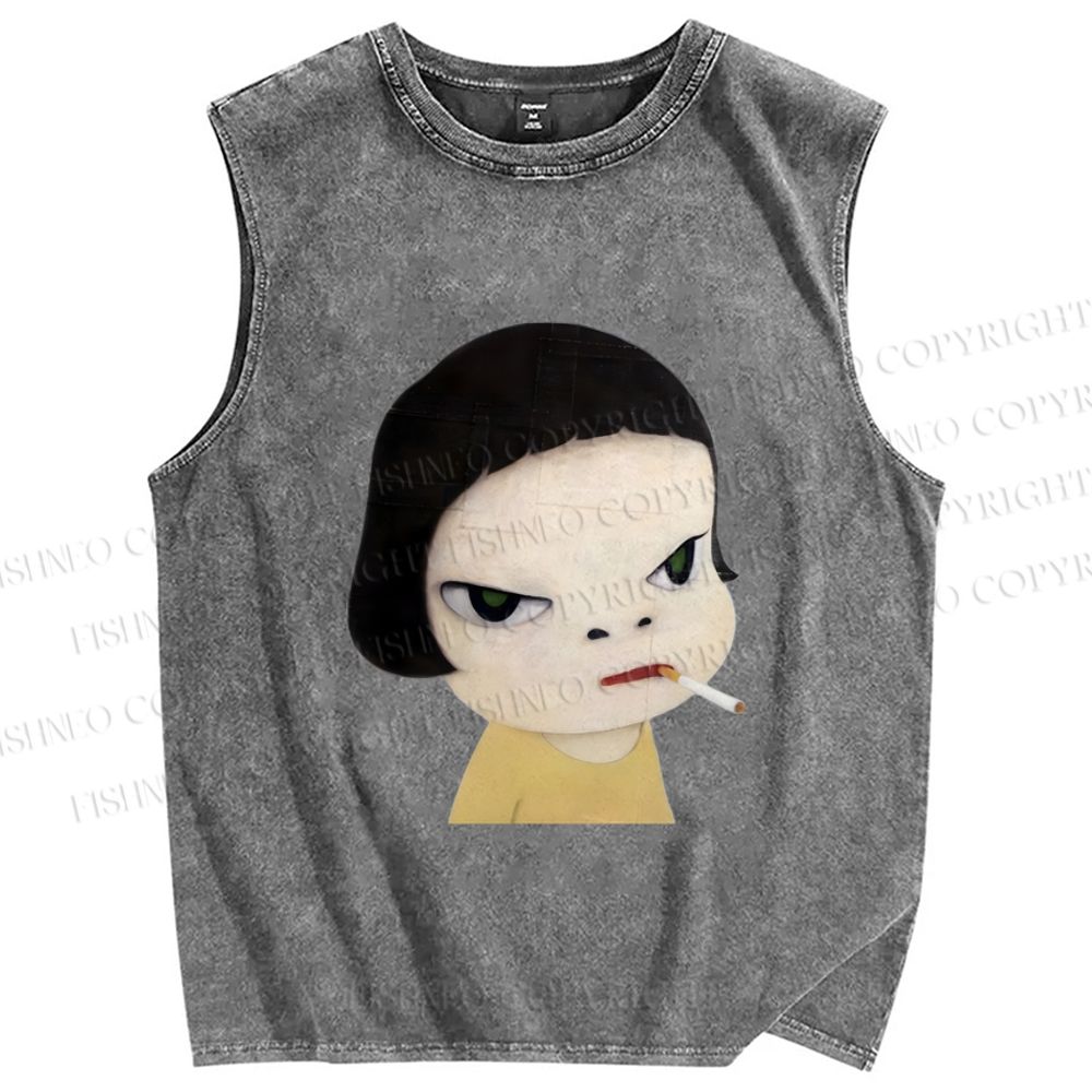 Unisex Yoshitomo Nara Smoking Printed Washed Tank Top