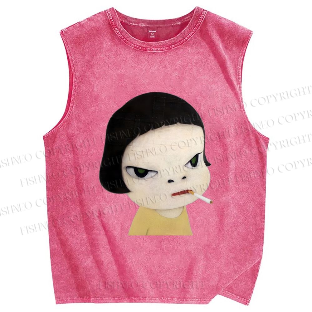 Unisex Yoshitomo Nara Smoking Printed Washed Tank Top