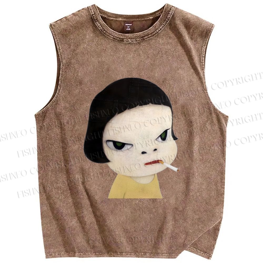 Unisex Yoshitomo Nara Smoking Printed Washed Tank Top