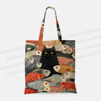 Japanese Black Cat Koi Fish Printed Tote Bag