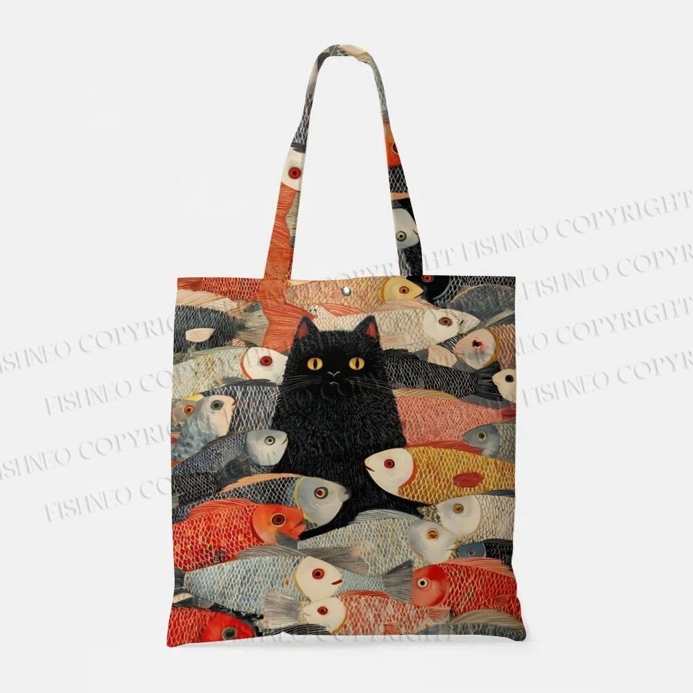 Japanese Black Cat Koi Fish Printed Tote Bag
