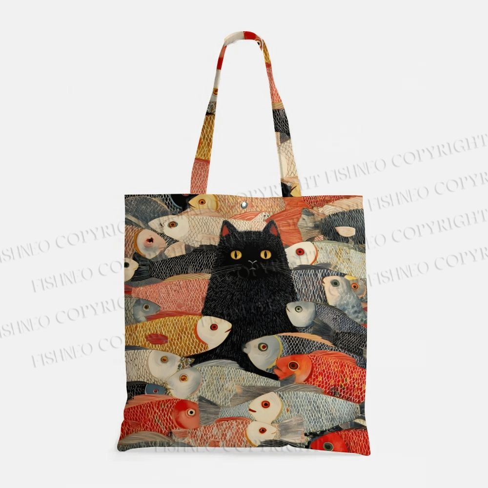 Japanese Black Cat Koi Fish Printed Tote Bag