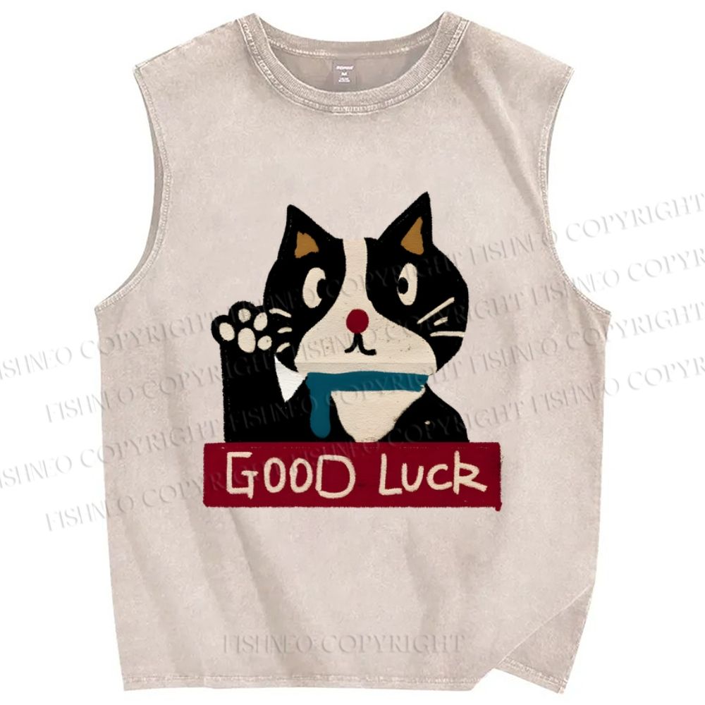 Unisex Good Luck Cat Printed Washed Tank Top