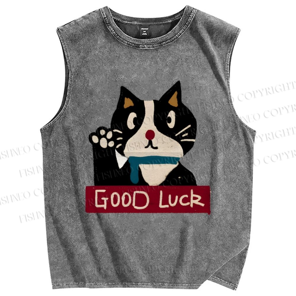 Unisex Good Luck Cat Printed Washed Tank Top
