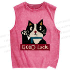 Unisex Good Luck Cat Printed Washed Tank Top