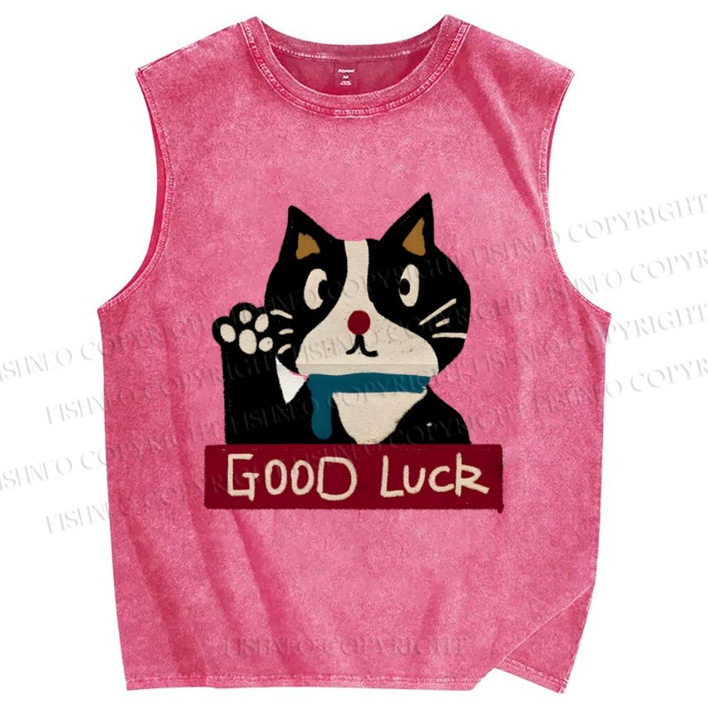 Unisex Good Luck Cat Printed Washed Tank Top