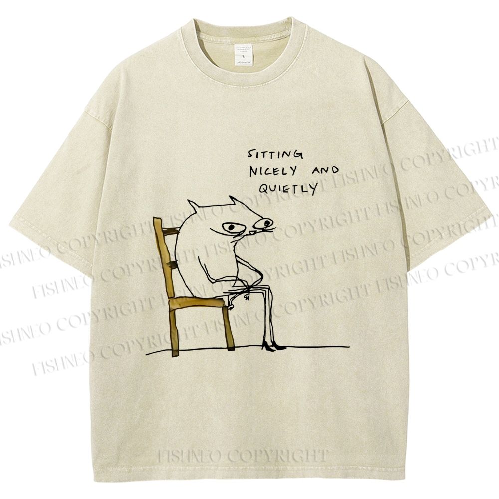 Unisex Funny Cat Sitting Nicely And Quietly Printed Washed Tee