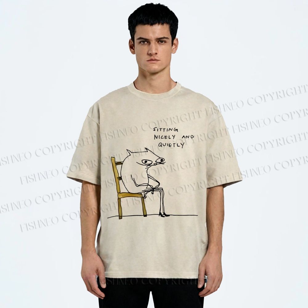 Unisex Funny Cat Sitting Nicely And Quietly Printed Washed Tee