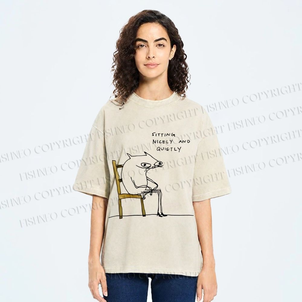 Unisex Funny Cat Sitting Nicely And Quietly Printed Washed Tee