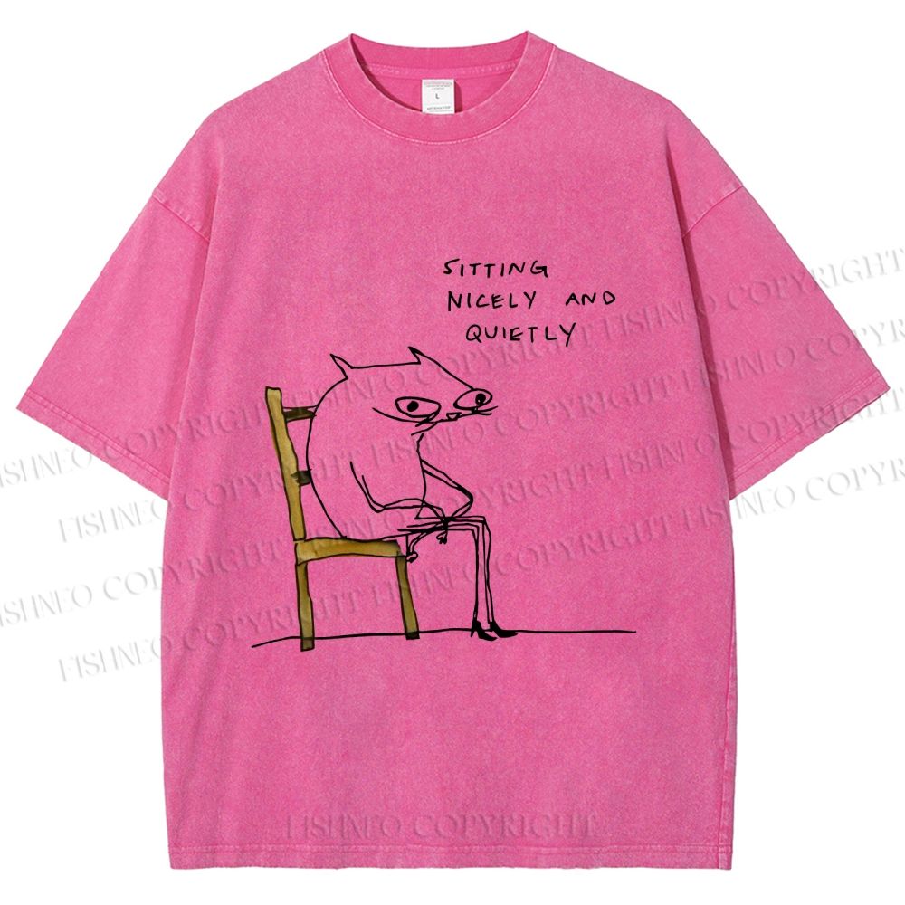 Unisex Funny Cat Sitting Nicely And Quietly Printed Washed Tee