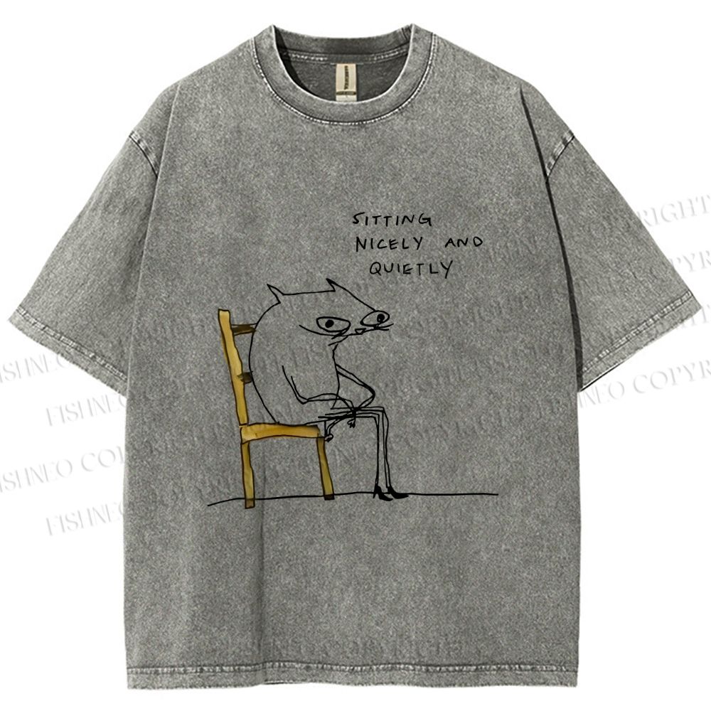 Unisex Funny Cat Sitting Nicely And Quietly Printed Washed Tee