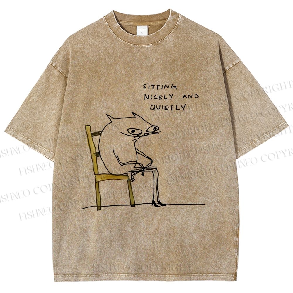 Unisex Funny Cat Sitting Nicely And Quietly Printed Washed Tee