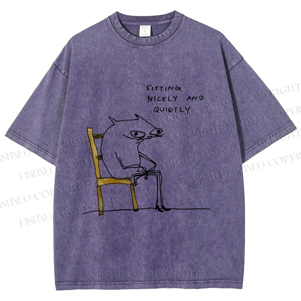 Unisex Funny Cat Sitting Nicely And Quietly Printed Washed Tee