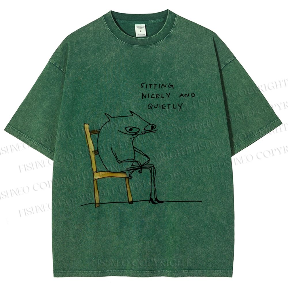 Unisex Funny Cat Sitting Nicely And Quietly Printed Washed Tee