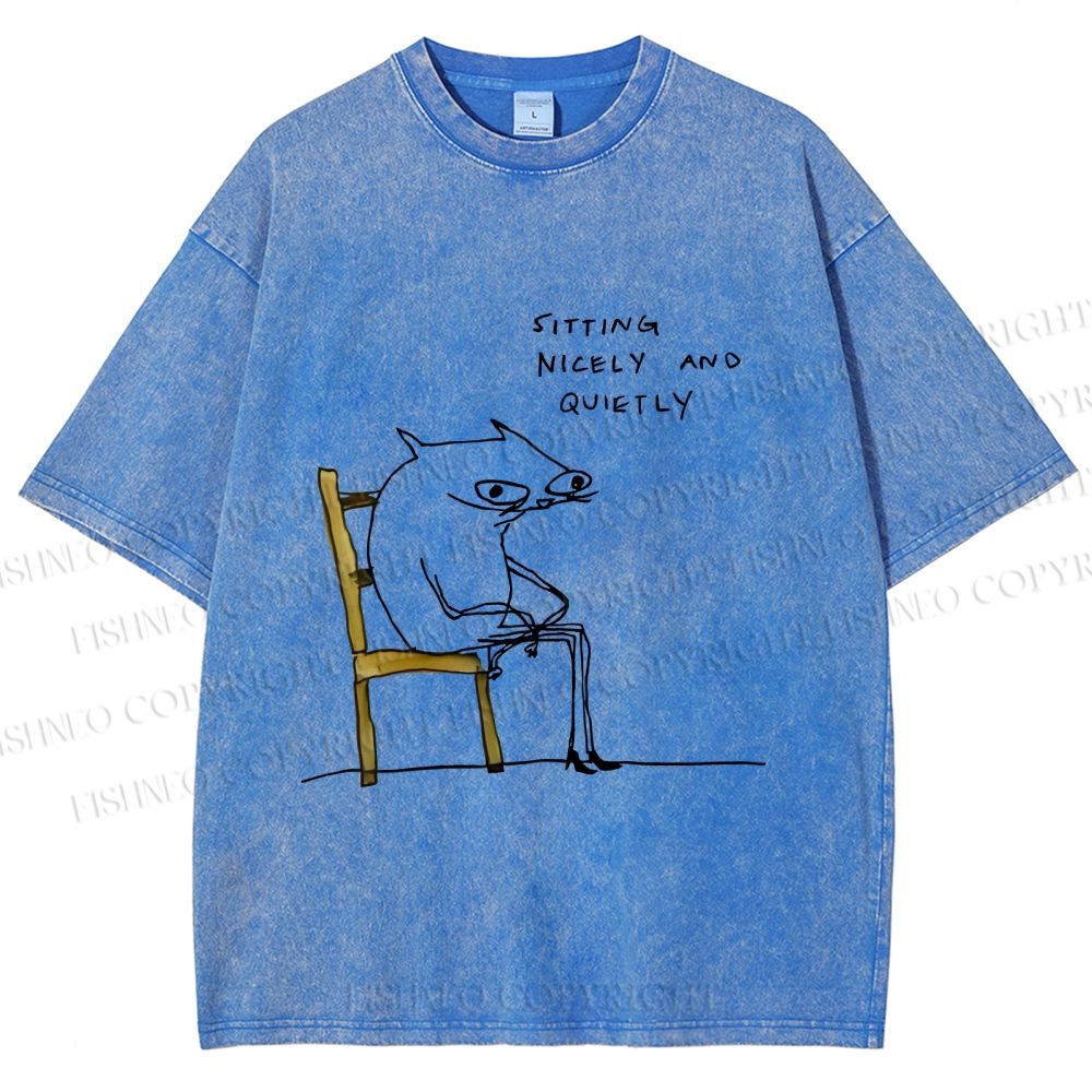 Unisex Funny Cat Sitting Nicely And Quietly Printed Washed Tee