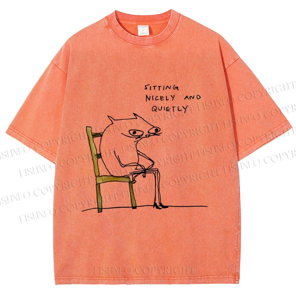 Unisex Funny Cat Sitting Nicely And Quietly Printed Washed Tee