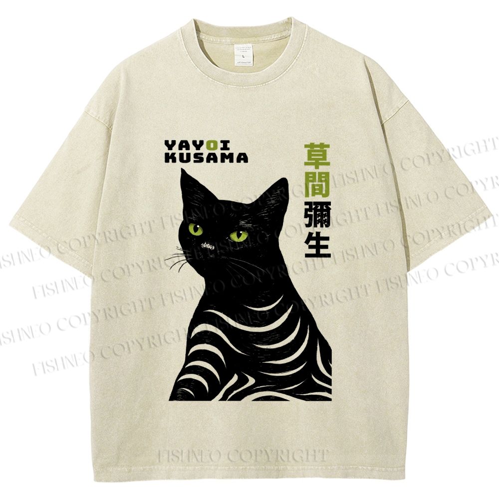 Unisex Yayoi Kusama Black Cat Line Art Printed Washed Tee