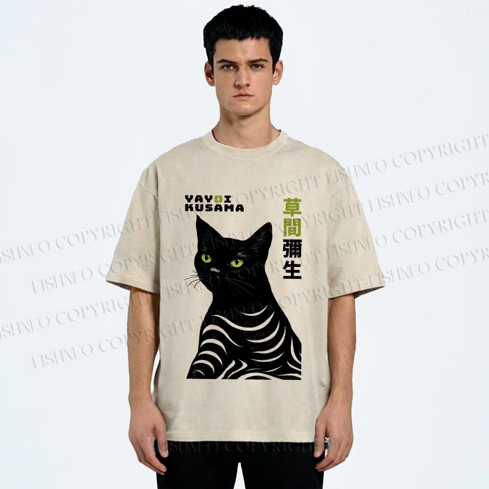 Unisex Yayoi Kusama Black Cat Line Art Printed Washed Tee