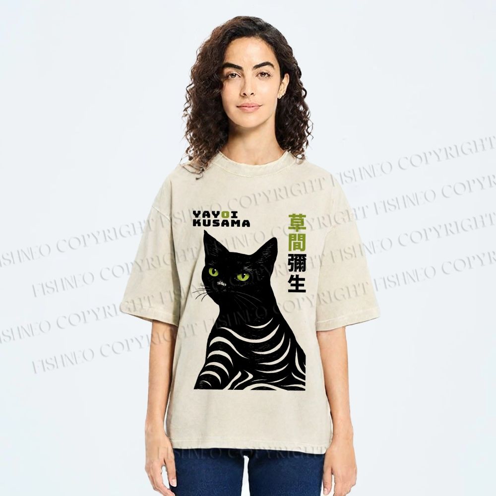 Unisex Yayoi Kusama Black Cat Line Art Printed Washed Tee
