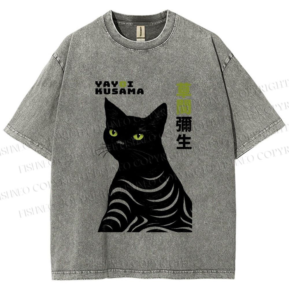 Unisex Yayoi Kusama Black Cat Line Art Printed Washed Tee
