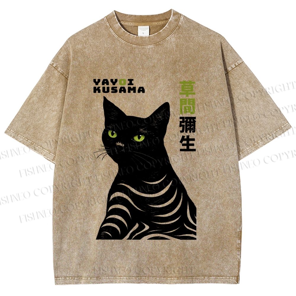 Unisex Yayoi Kusama Black Cat Line Art Printed Washed Tee