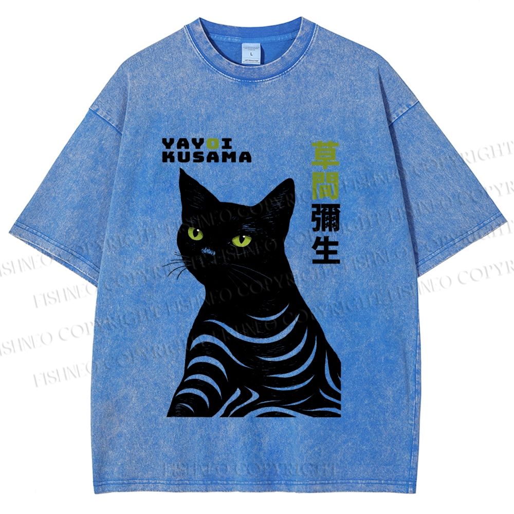 Unisex Yayoi Kusama Black Cat Line Art Printed Washed Tee