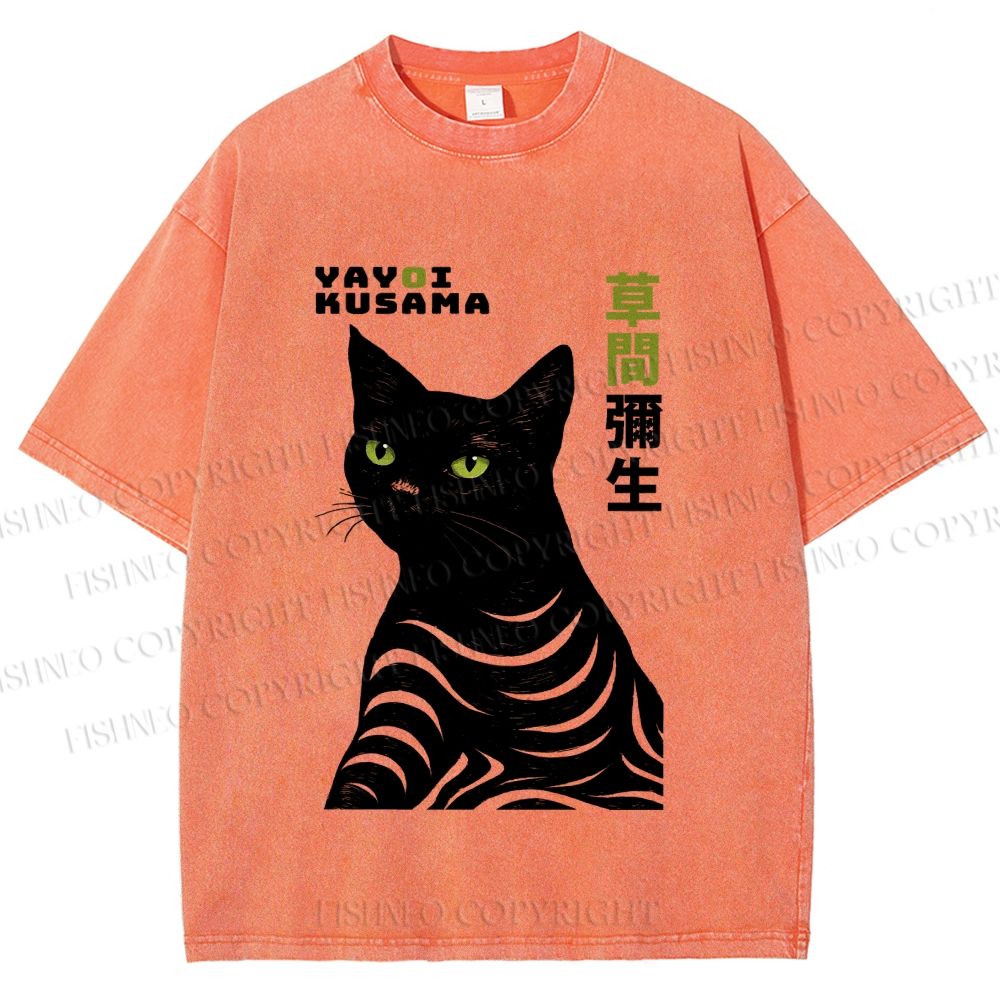 Unisex Yayoi Kusama Black Cat Line Art Printed Washed Tee