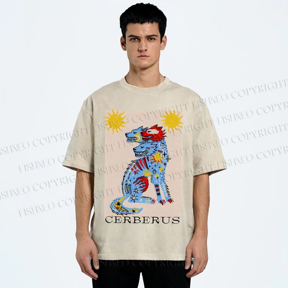 Unisex Cerberus Printed Washed Tee