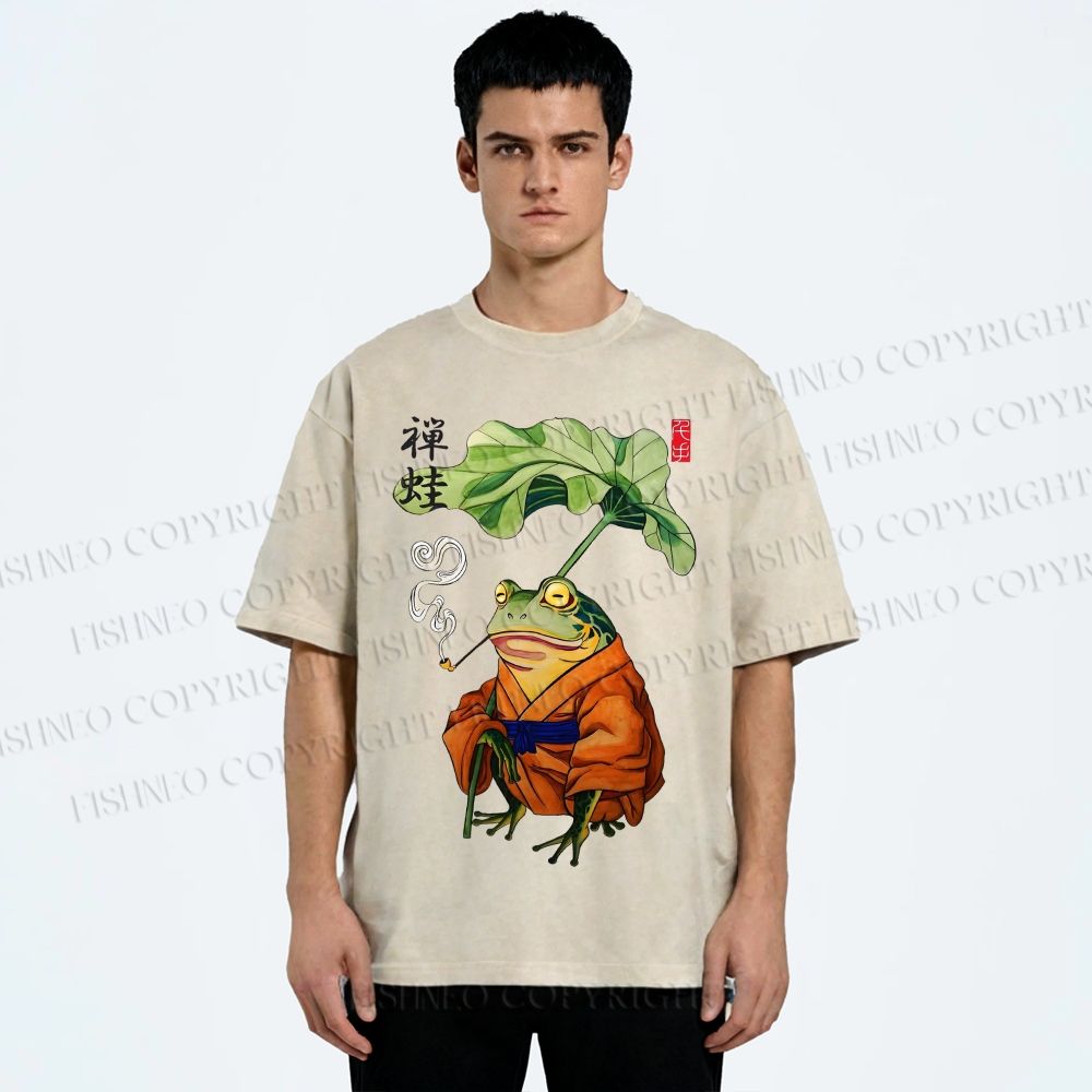 Unisex Zen Frog Printed Washed Tee