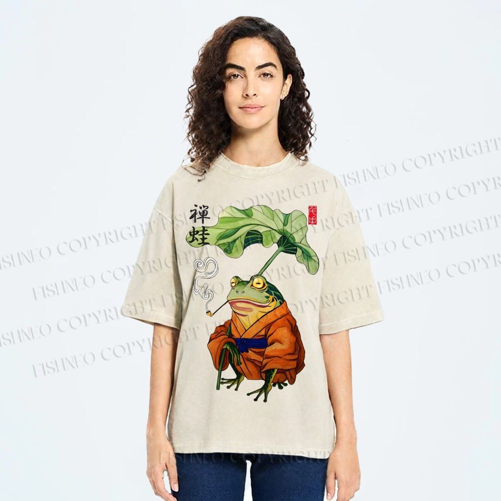 Unisex Zen Frog Printed Washed Tee