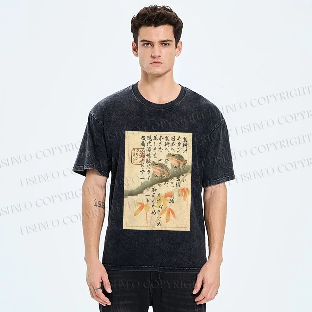 Unisex Japanese Ukiyo-e Frog Printed Washed Tee
