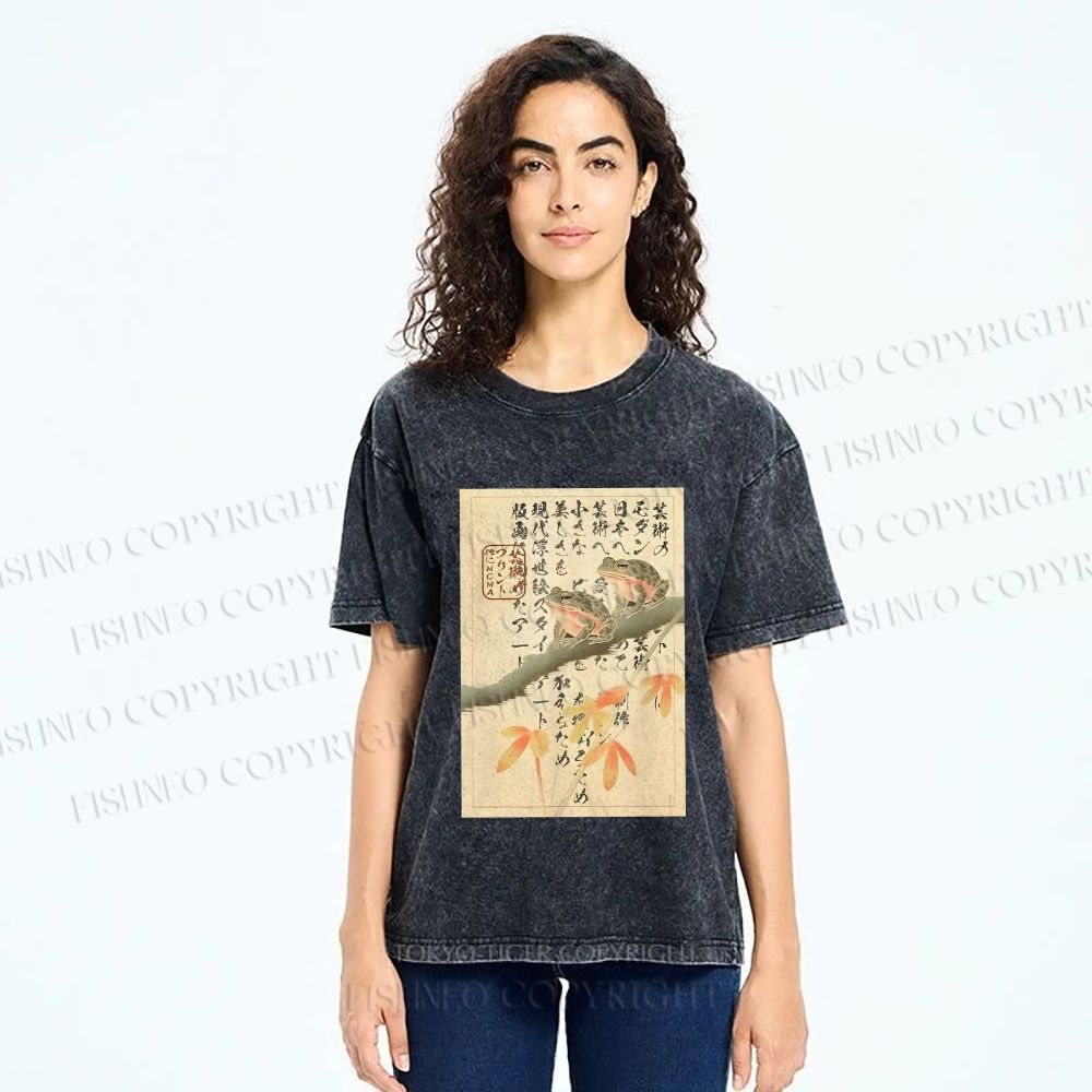 Unisex Japanese Ukiyo-e Frog Printed Washed Tee