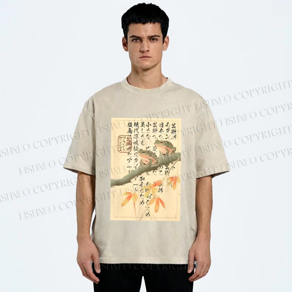 Unisex Japanese Ukiyo-e Frog Printed Washed Tee