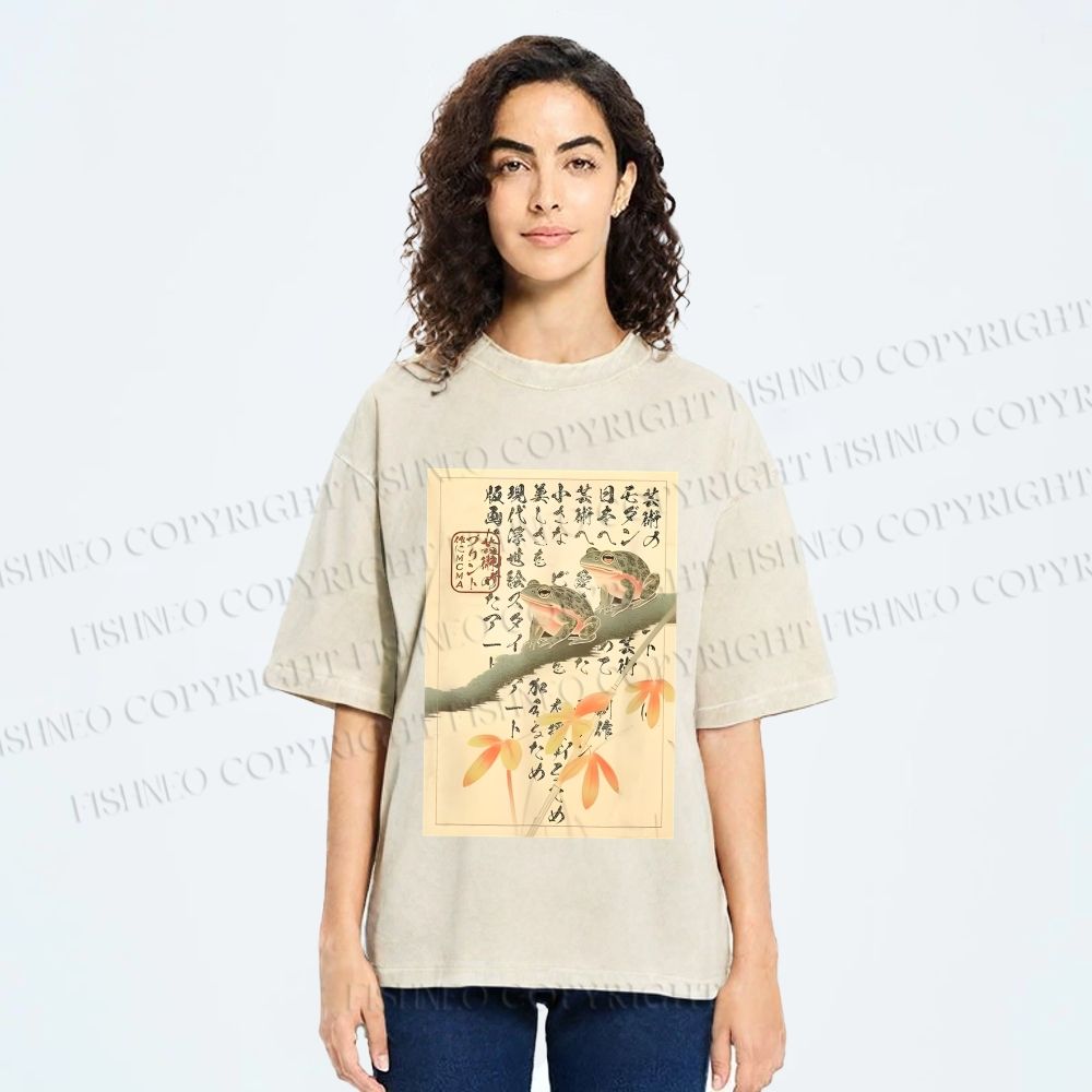Unisex Japanese Ukiyo-e Frog Printed Washed Tee