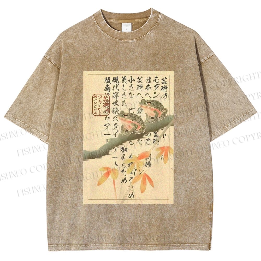 Unisex Japanese Ukiyo-e Frog Printed Washed Tee