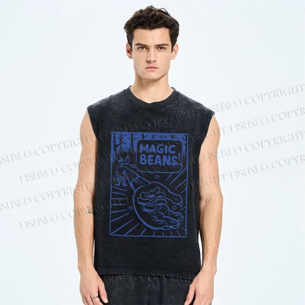 Unisex  Vintage Wood Magic Beans Printed Washed Tank Top