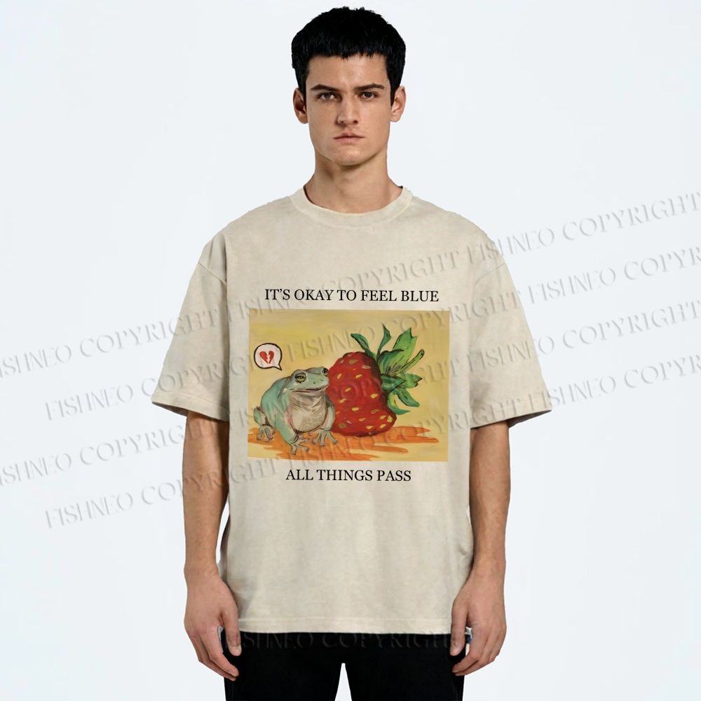 Unisex Strawberry Frog Printed Washed Tee