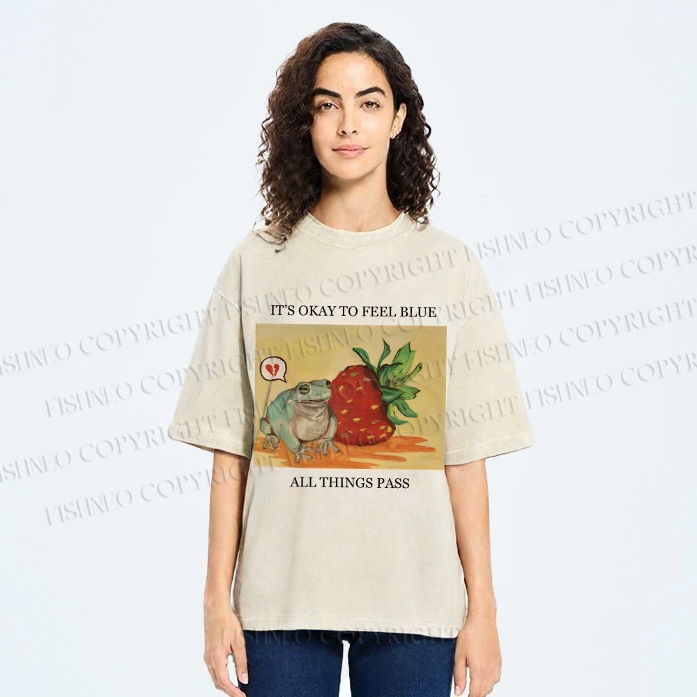 Unisex Strawberry Frog Printed Washed Tee