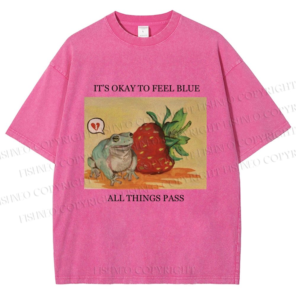 Unisex Strawberry Frog Printed Washed Tee