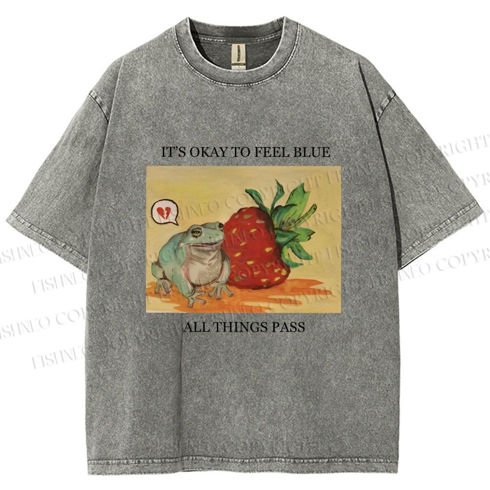 Unisex Strawberry Frog Printed Washed Tee