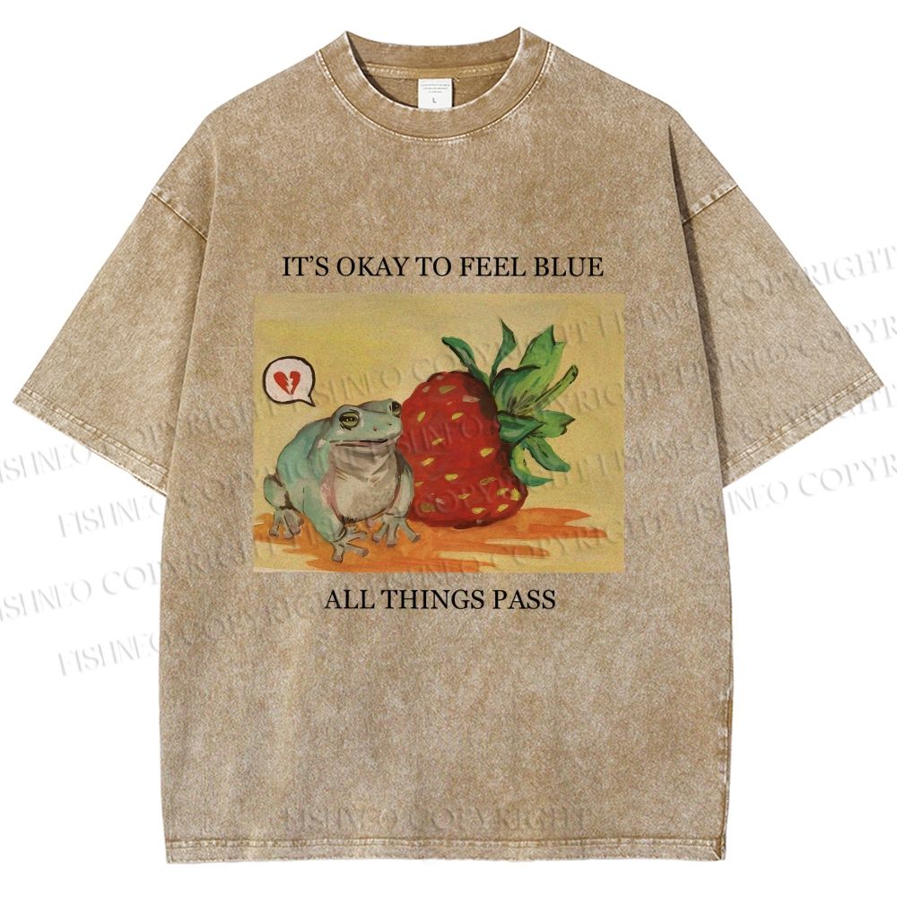Unisex Strawberry Frog Printed Washed Tee