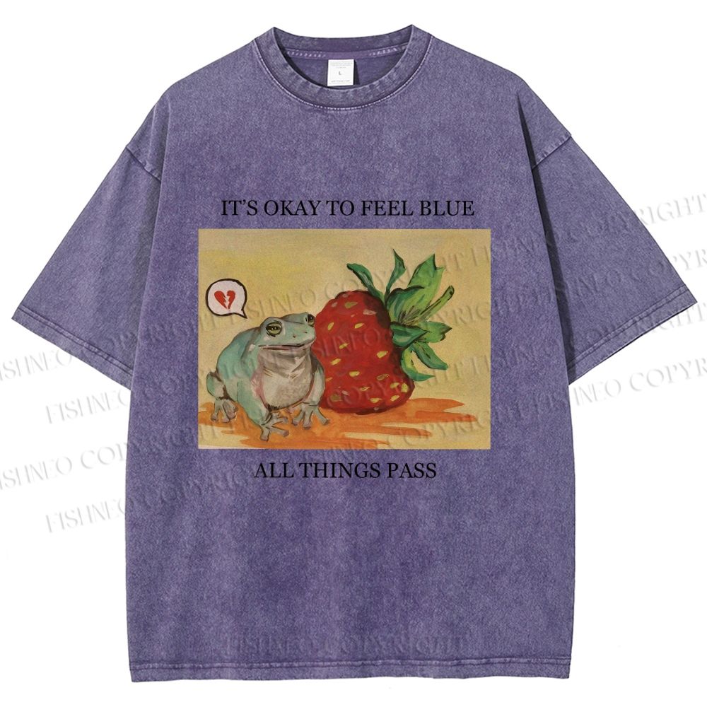 Unisex Strawberry Frog Printed Washed Tee