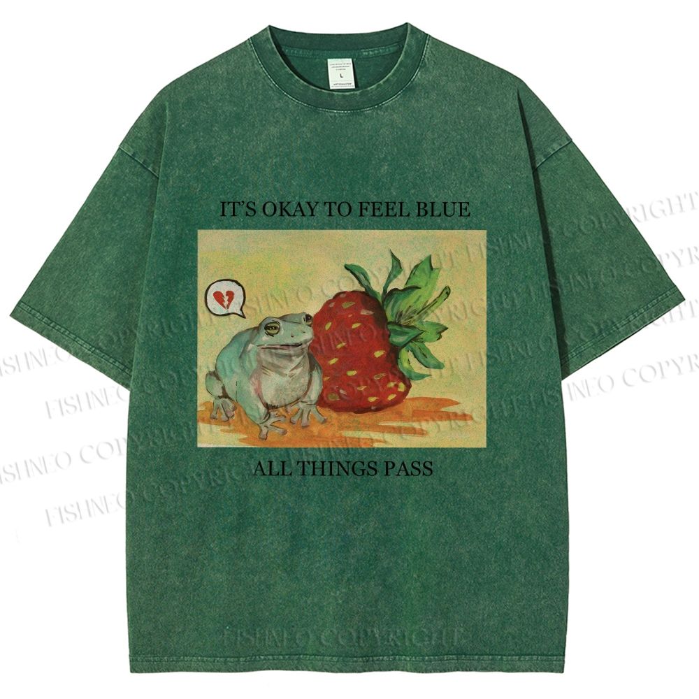 Unisex Strawberry Frog Printed Washed Tee