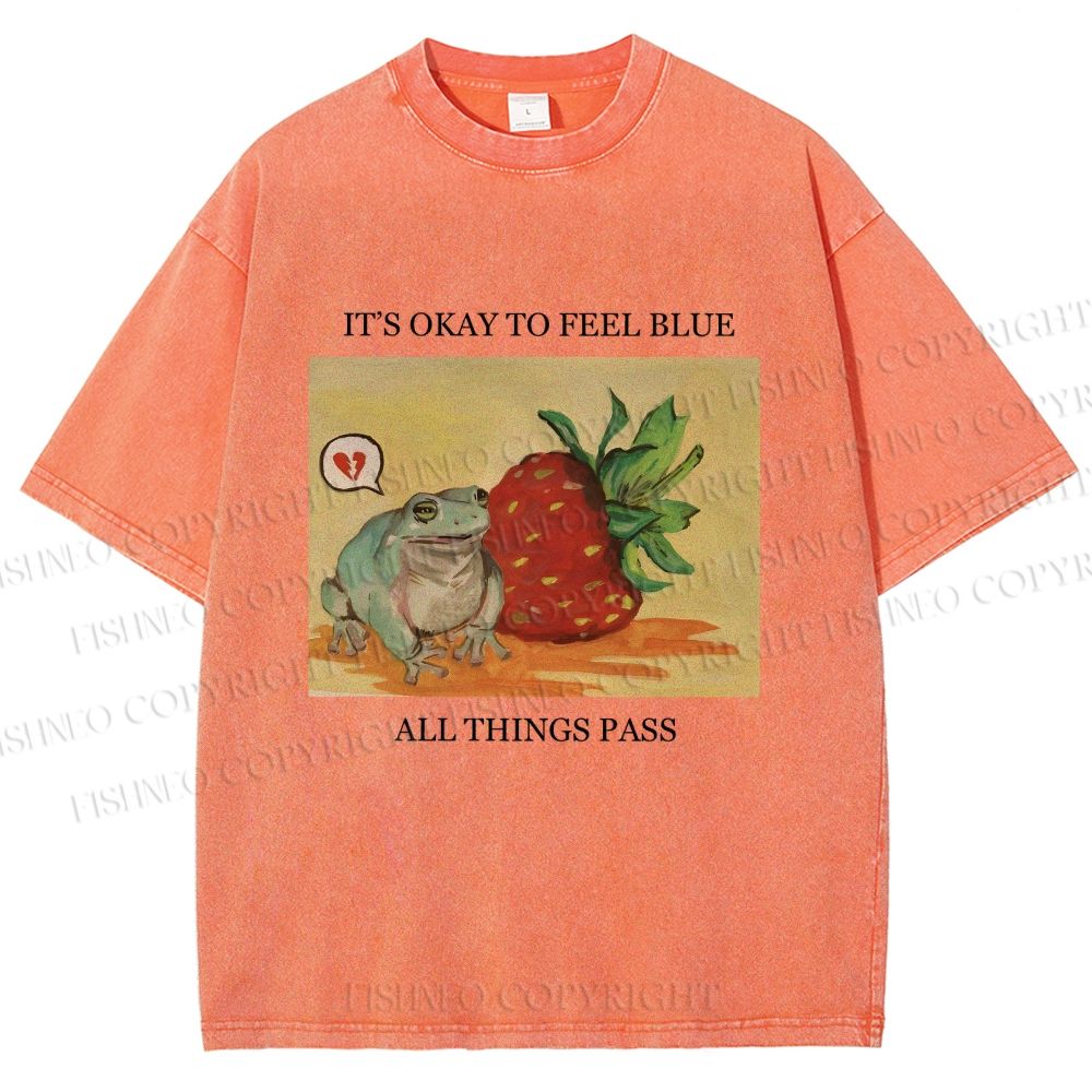 Unisex Strawberry Frog Printed Washed Tee