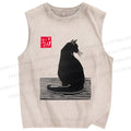 Unisex Black Cat Sitting Lino Printed Washed Tank Top