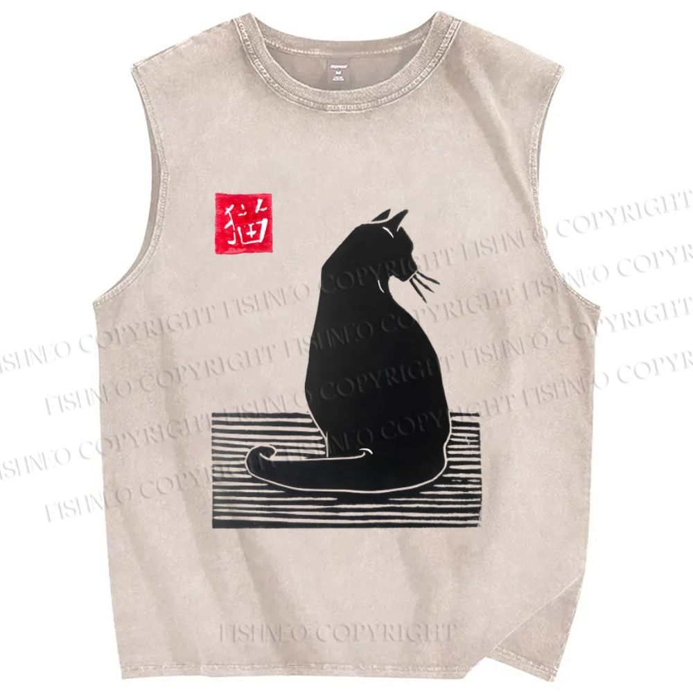 Unisex Black Cat Sitting Lino Printed Washed Tank Top