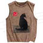 Unisex Black Cat Sitting Lino Printed Washed Tank Top