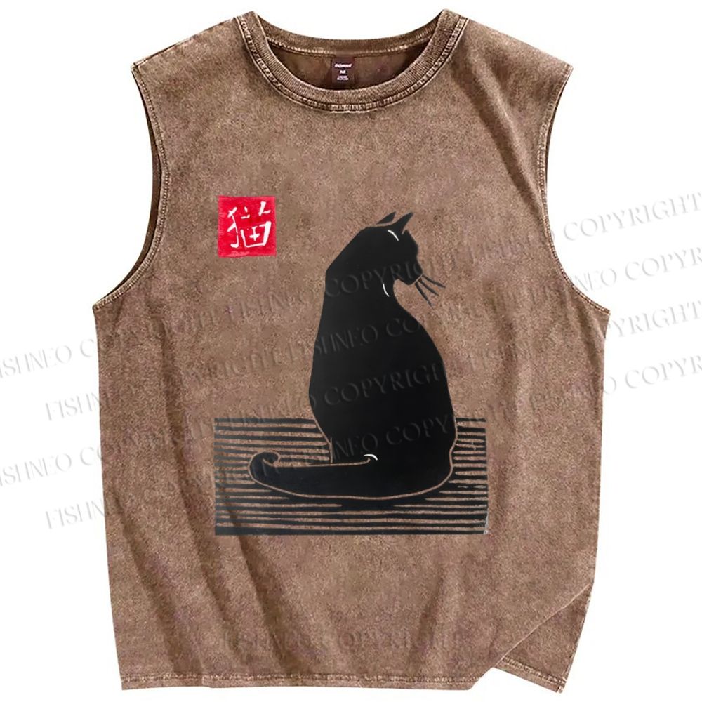 Unisex Black Cat Sitting Lino Printed Washed Tank Top